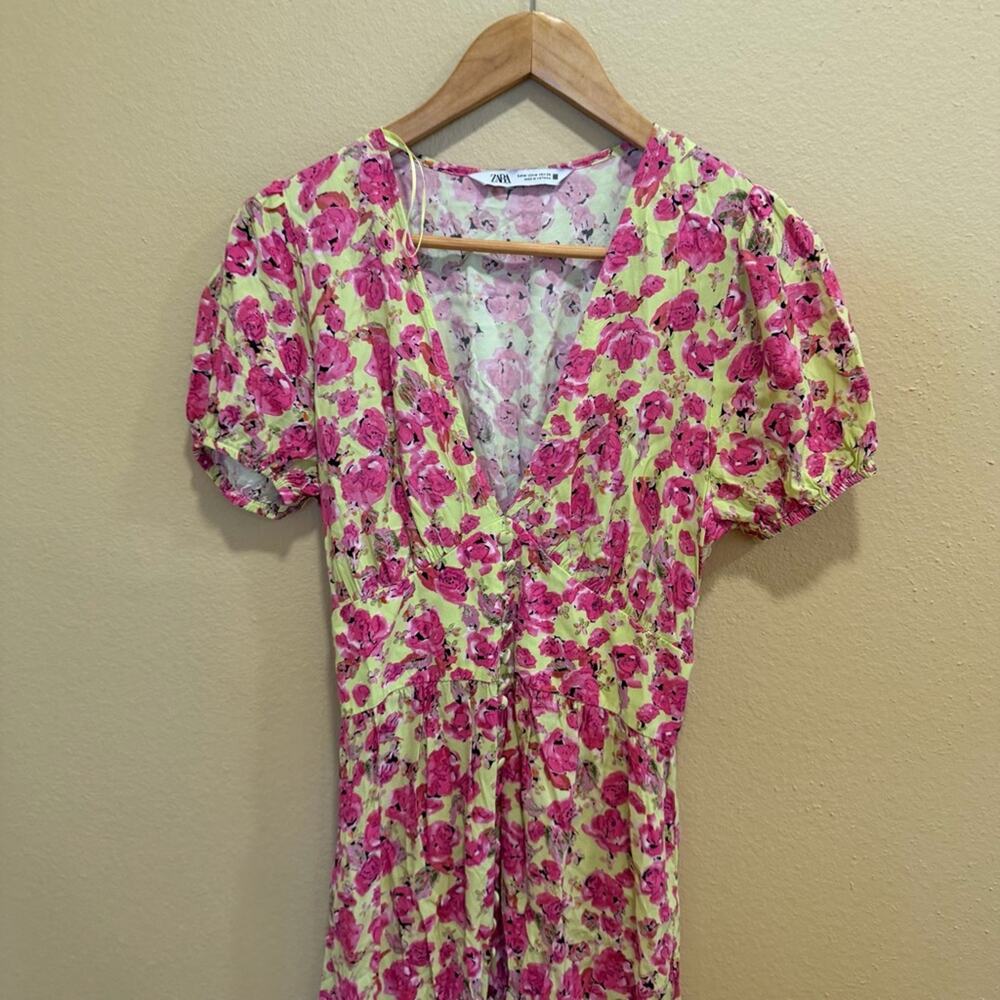 Zara Green Pink Floral V Neck Sexy Maxi Dress Medium - Picture 10 of 11